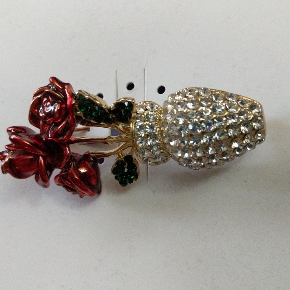 Rhinestone Crystal Rose Brooch Pin Vase Floral Flowers